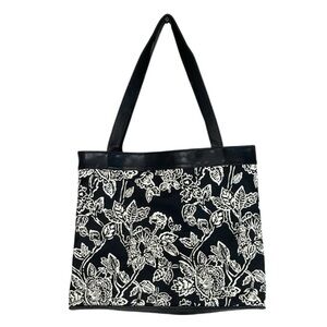 Floral Black and Ivory Tote Bag Faux And Canvas Snap Closure Lined Beach
